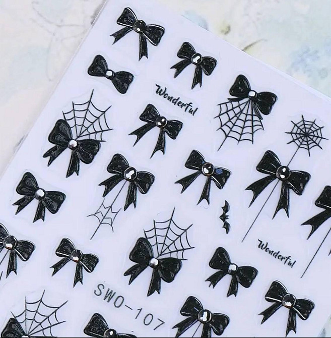 Наклейки для нігтів чорні бантики та павутинка 3D — 1 лист Київ - фото 3
