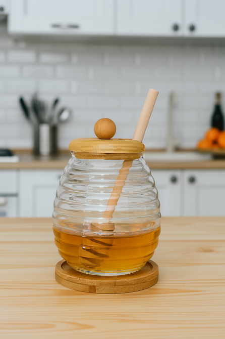 Банка для меда с ложкой на бамбуковой подставке 9*9*13см 400мл Киев - изображение 1