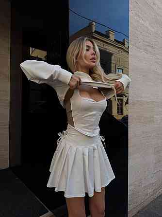 Женский стильный летний костюм-тройка с подтягивающим корсетным топом двухнитка + зербаная Одесса