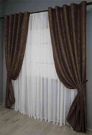 Комплект штор на люверсах VR-Textil Льон мармур Pavliani № 1173ш 150х250 см 2 шт Коричневий (37-0038) Київ