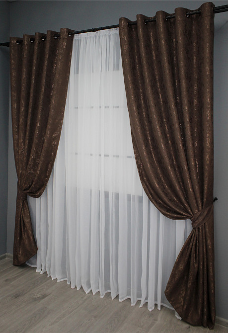 Комплект штор на люверсах VR-Textil Льон мармур Pavliani № 1173ш 150х250 см 2 шт Коричневий (37-0038) Київ - фото 3