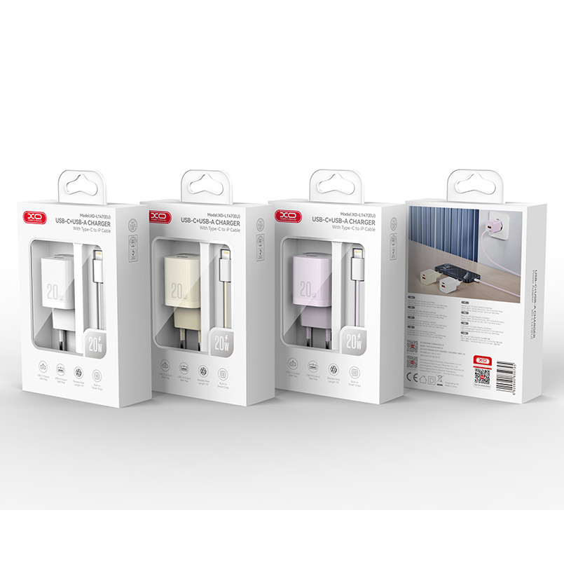 Мережевий зарядний пристрій XO L147 PD20W 1USB-A+1USB-C + Lightning cable білий Львів - фото 4