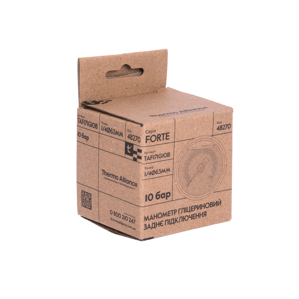 Манометр гліцериновий Thermo Alliance Forte d63 мм, 1/4"Н із заднім під'єднанням (латунь) 0–10 барів TAF171G10B Київ - фото 6