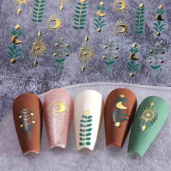 Набор наклеек для ногтей 2 листа — золотые элементы, солнце, луна, растения Киев