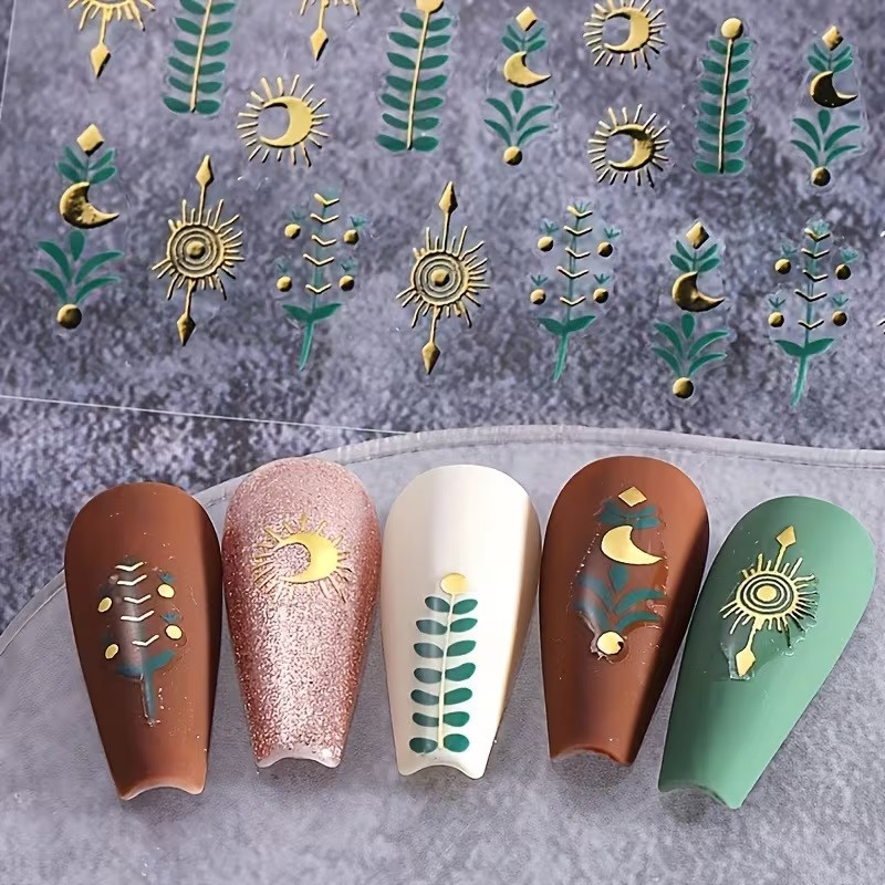 Набор наклеек для ногтей 2 листа — золотые элементы, солнце, луна, растения Киев - изображение 2