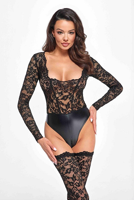 Боді Noir Handmade F296 Psyche, L, мереживо, довгий рукав, низ під латекс, з доступом Sex Aura Київ - фото 1