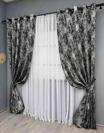 Комплект штор на люверсах VR-Textil Льон Преміум № 1695ш Чорний з сірим 150х280 см 2 шт (37-0247) Київ
