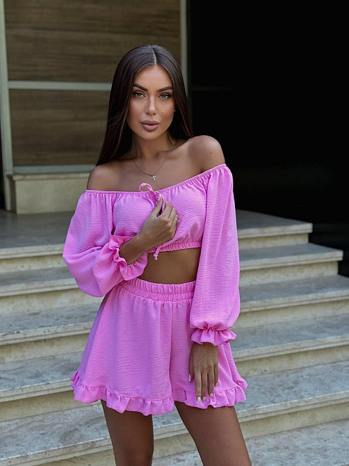 Женский легкий романтичный костюм двойка: топ и шорты американский креп жатка Розовый Одесса - изображение 10