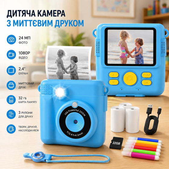 Детская камера AORILE с моментальной печатью, 24 МП, видео 1080P, экран 2,4″, карта 32 ГБ, 3 рулона, синяя Киев