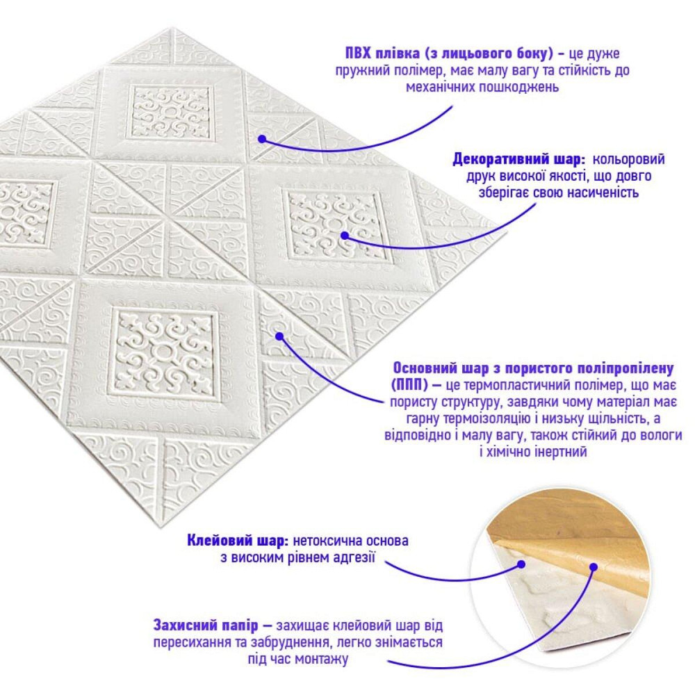 Самоклеюча декоративна настінно-стельова 3D панель вензеля в ромбі 700х700х5мм (374) SW-00000881 Дніпро - фото 2