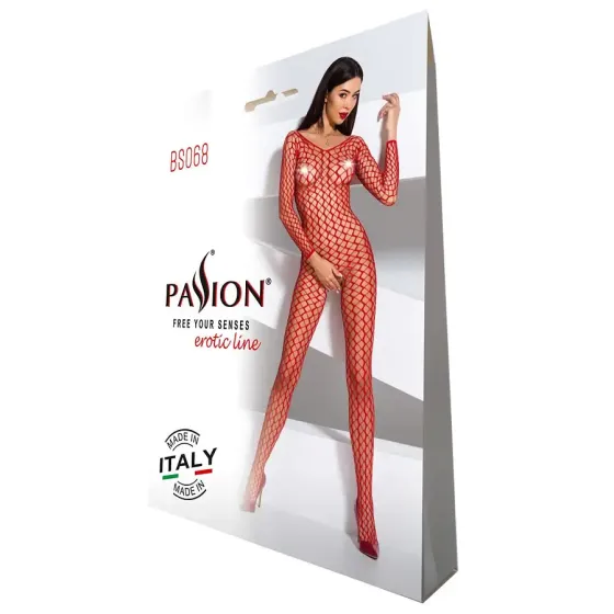 Бодістокінг Passion BS068 red, комбінезон, велика сітка, довгий рукав Львів
