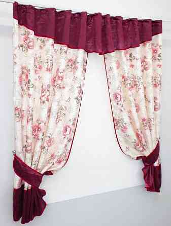 Кухонные шторы VR-Textil № 073к с ламбрекеном и подхватами бордовый с персиковым 270х160 см (52-0520) Киев