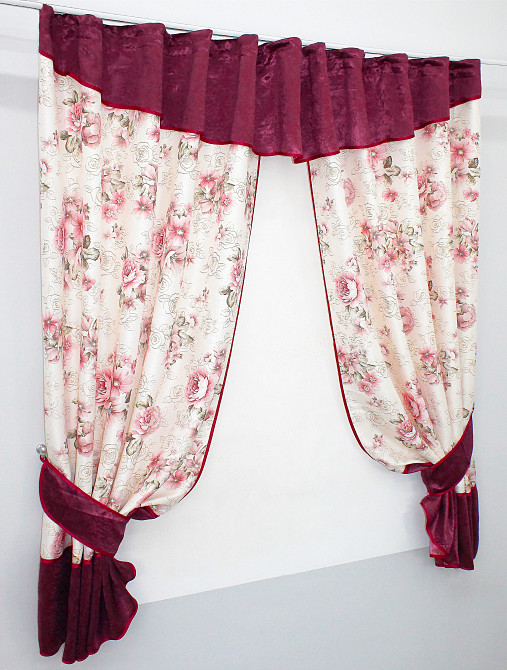 Кухонные шторы VR-Textil № 073к с ламбрекеном и подхватами бордовый с персиковым 270х160 см (52-0520) Киев - изображение 2