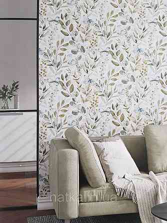 Шпалери вінілові на флізеліні метрові Sintra Edelina прованс квіти листя гілки метелика бежеві бірюзові Київ