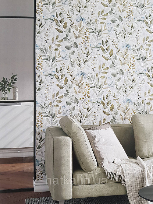 Обои виниловые на флизелине метровые Sintra Edelina прованс цветы листья ветки бабочки бежевые бирюзовые Киев - изображение 1