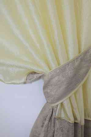 Кухонные шторы VR-Textil № 073к с ламбрекеном и подхватами светло-золотистый с кофейно-серым 270х170 см (52-0162) Киев