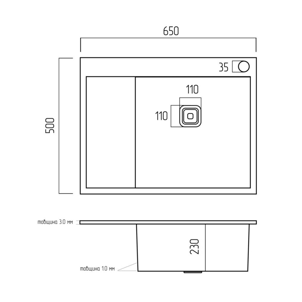 PLATINUM Кухонна мийка чорна Platinum PVD Handmade 65*50 R(квадратний сифон 3,0/1) Київ - фото 6