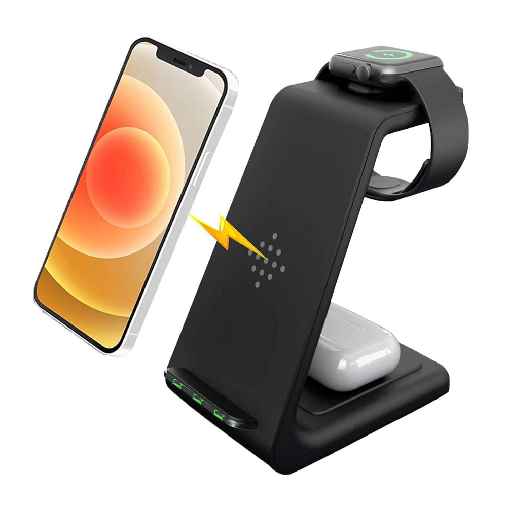 Бездротова зарядка стенд 3в1 Fast 15W iPhone+Apple Watch+AirPods Чорна Київ - фото 1