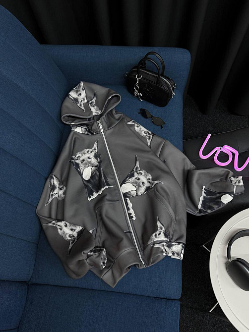 Жіноче тепле оверсайз худі на блискавці з доберманами тринитка на флісі Графіт Одеса - фото 2