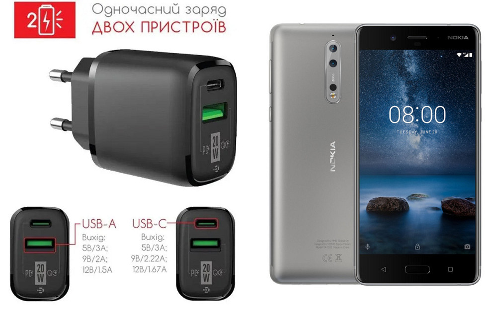 Сетевое зарядное устройство для Nokia 8 Dual SIM, 20W 3A, Quick Charge 3.0 Киев - изображение 1