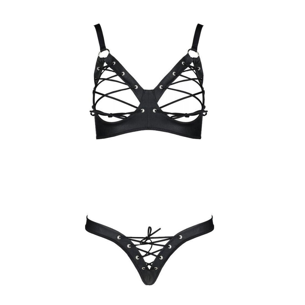 Комплект из экокожи Passion CELINE BIKINI 4XL/5XL black, открытый бра, стринги со шнуровкой Sex Aura Киев - изображение 3