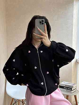 Женская базовая повседневная зип-худи с сердцами турецкая тринитка на флисе Одесса