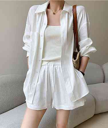 Женский базовый летний костюм двойка: рубашка и шорты креп жатка Одесса