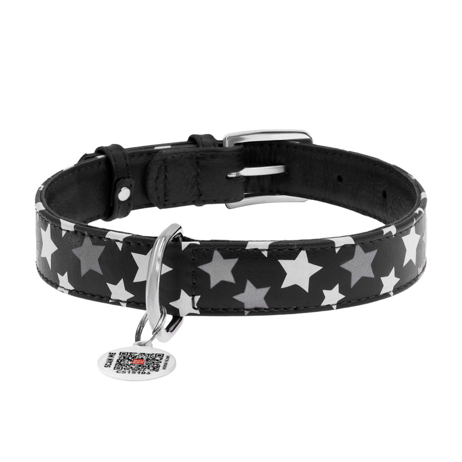 Нашийник для собак шкіряний WAUDOG Glamour з QR паспортом, візерунок "Зірочка", світлонакопичув Коломия - фото 2