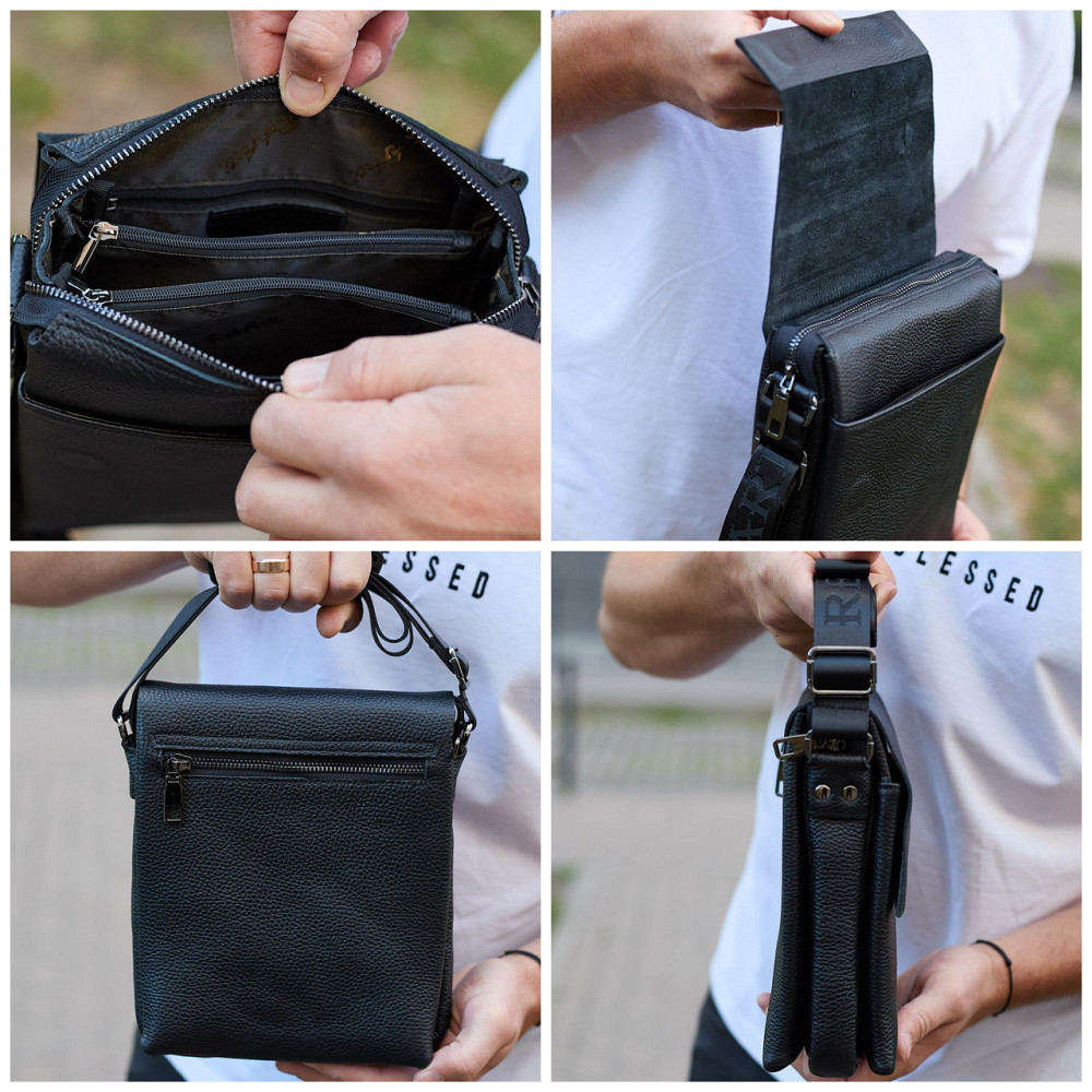 Кожаный мессенджер для мужчины 23х19х7, борсетка через одно плечо, сумка для документов, черная Киев - изображение 3