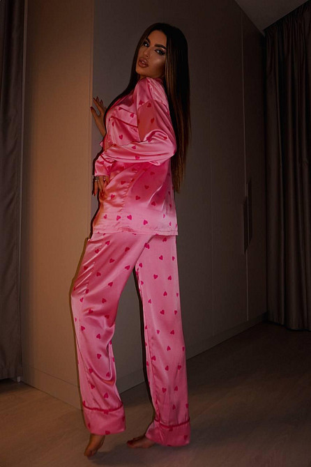 Женская пижама двойка с сердечками из шелка армани. Малиновый, 52/54 Одесса - изображение 5