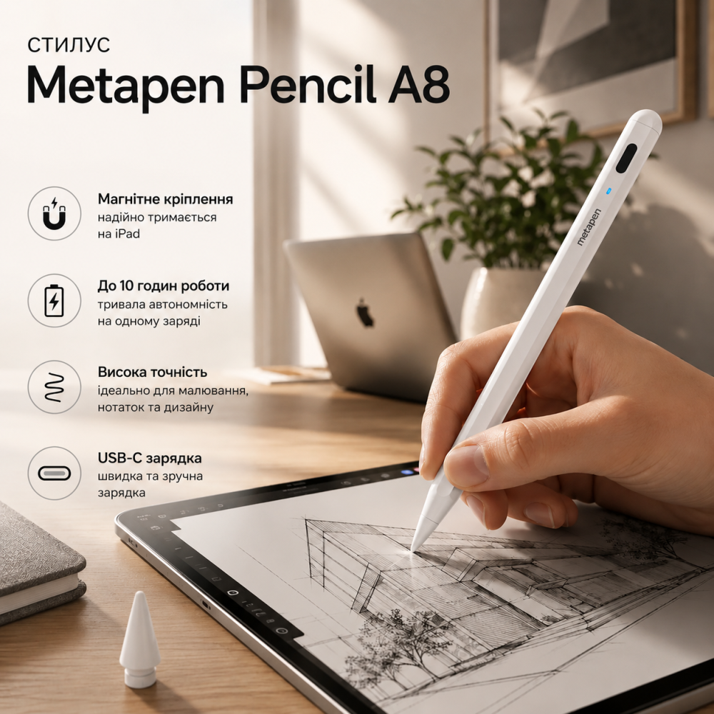 Стилус для Apple iPad Metapen Pencil A8 белый беспроводной активный ручка для планшета с магнитным креплением Киев - изображение 10