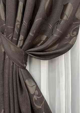 Шторна тканина льон рогожка "Листя" колір венге 1687ш Київ