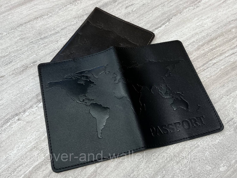 Обкладинка на паспорт карта світу з гладкої шкіри в чорному кольорі ST Leather Київ - фото 15