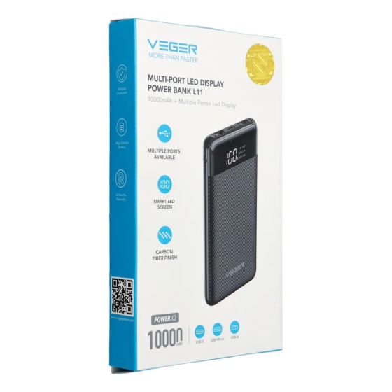 Павербанк 10000 mAh VEGER VG-W1087 PD быстрая зарядка цифровой дисплей power bank повербанк Одесса