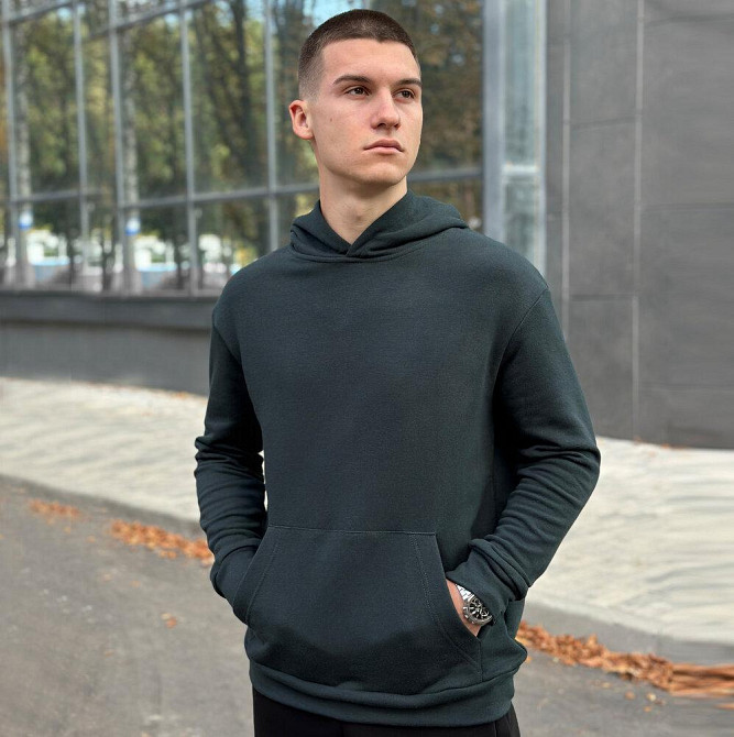 Осіннє чоловіче худі з капюшоном Pobedov 001 (трьохнитка) темно-зелене Київ - фото 2