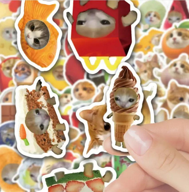 Стікери з котами та їжею - Водонепроникні вінілові наклейки з котами, стікербомбінг. Набір 50 штук. Київ - фото 4