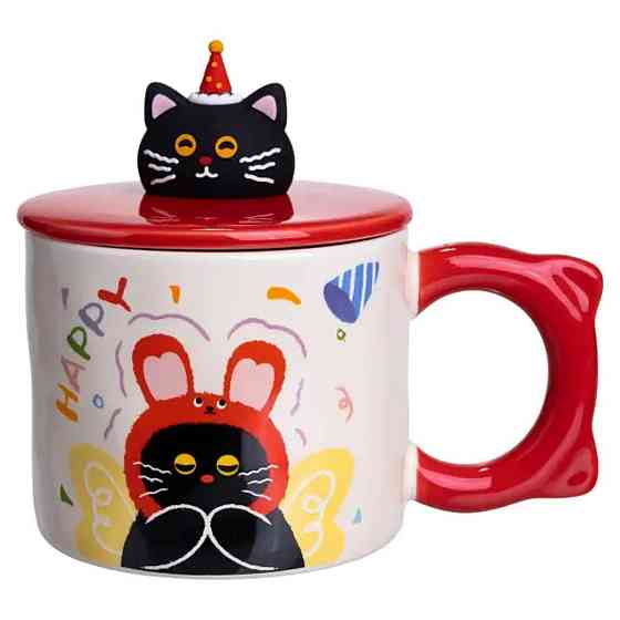 Кубок порцелянова з кришкою Kitten's Birthday 400 (мл) подарункова кружка прикольна чашка для дітей на подарунок Червоний FM-24D Київ