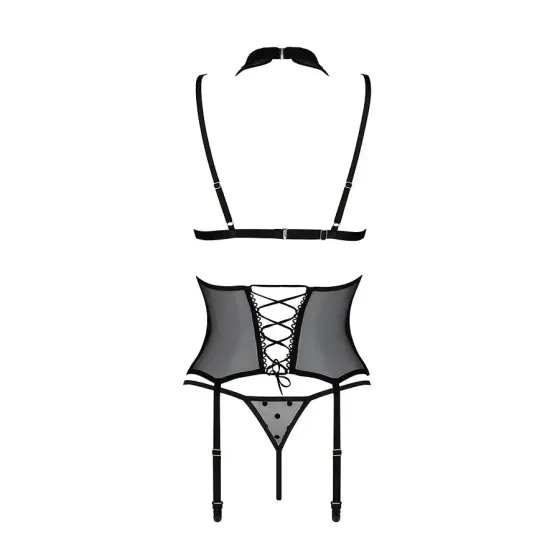 Корсет з відкритими грудьми Passion DOMINICA CORSET L/XL black, пажі для панчіх, стрінги Львов