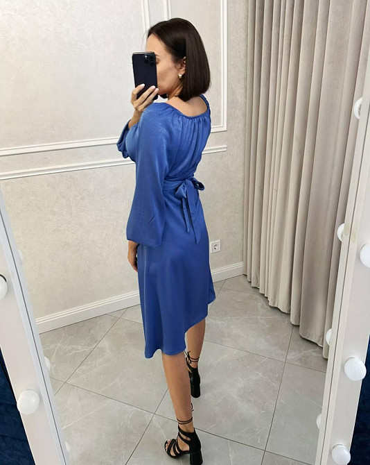 Жіноче святкове плаття з розрізом турецький жатий шовк Синій, 48/50 Одеса - фото 2