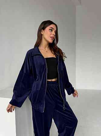 Жіночий прогулянковий костюм-двійка: кофта та штани з турецького велюру Синій, 46/48 Одеса