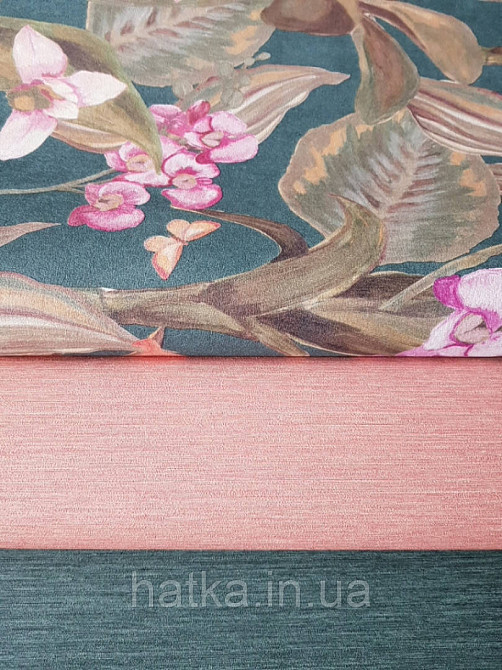 Шпалери вінілові Decoprint Breeze листя метелики квіти орхідеї лілії рожеві коричневі на зеленому 0.53х10 м Київ - фото 2