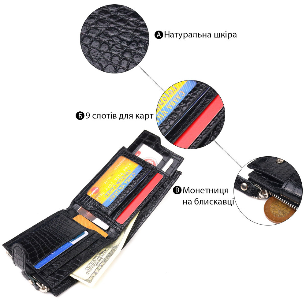 Мужской горизонтальный кошелек из натуральной фактурной кожи CANPELLINI 21504 Черный Киев - изображение 4
