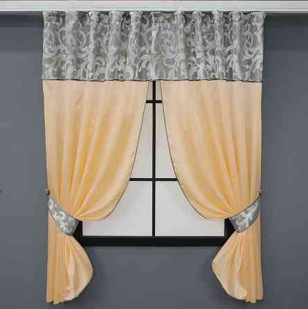 Кухонные шторы VR-Textil № 073к с ламбрекеном и подхватами персиковый с серым 270х170 см (52-0200) Киев