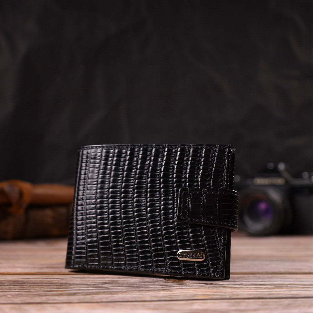 Лакированное компактное портмоне для мужчин из натуральной фактурной кожи CANPELLINI 21751 Черное Киев - изображение 6