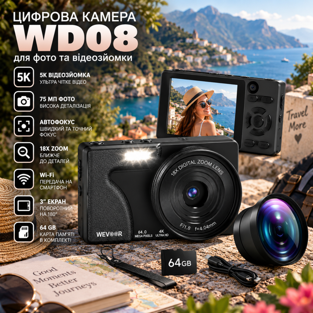 Цифрова камера Wevoor A62 4K 64 МП, автофокус, Dual Camera, 18x Zoom, 2000 мАг + карта 64 ГБ, чорна Київ - фото 1