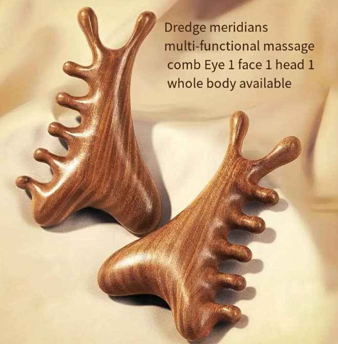Дерев’яний масажер 4-в-1 із сандалового дерева | Гуаша‑гребінець для голови, шиї, обличчя, тіла, ант Київ - фото 1