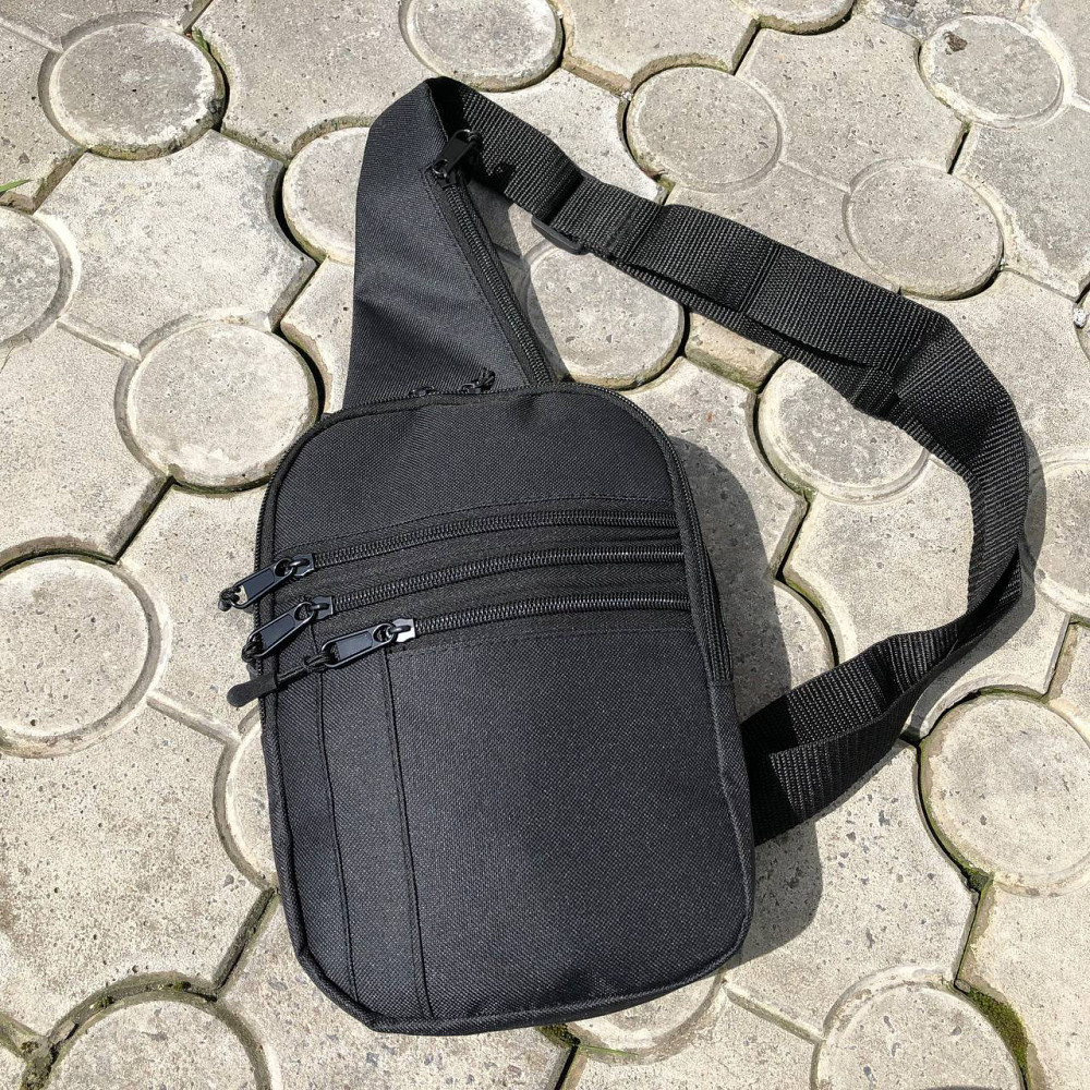 Компактная черная мужская сумка-слинг с отделениями на молнии Кордура стильная сумка-рюкзак на одно плечо Киев - изображение 4