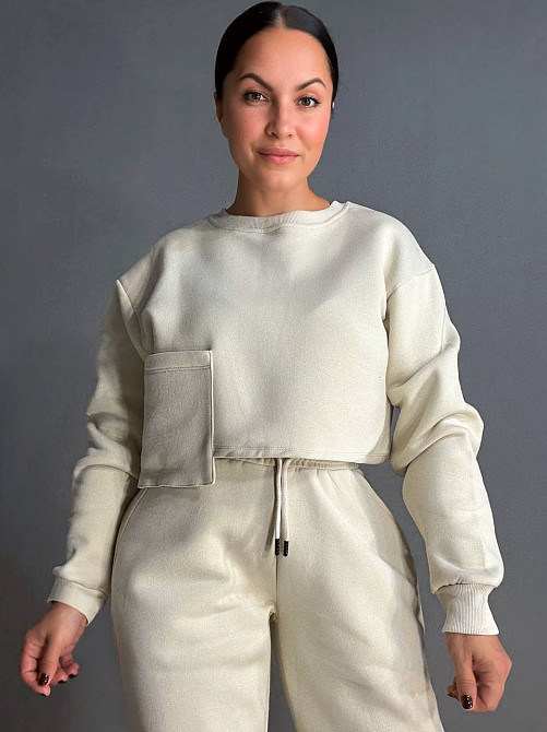 Костюм женский Quzen 490-480 укороченный свитшот с карманом и джогеры утепленный светло бежевый, світло-бежевый, S Киев - изображение 13