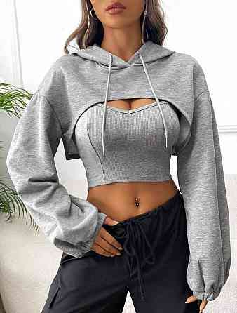 Жіночий стильний оверсайз комплект: топ і накидка з капюшоном двонитка + рубчик Одеса