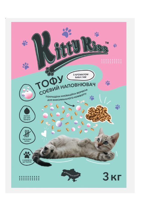 Наполнитель Кити Кис Kitty Kiss Тофу соевый для кошек с ароматом бабл гам, 3 кг Винница - изображение 1